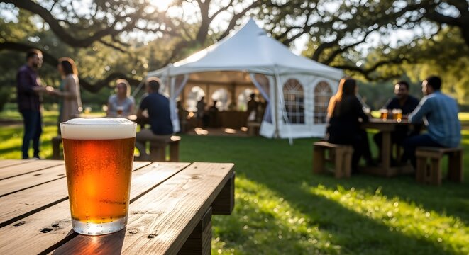 A refreshing glass of beer on a wooden table at an outdoor garden party.