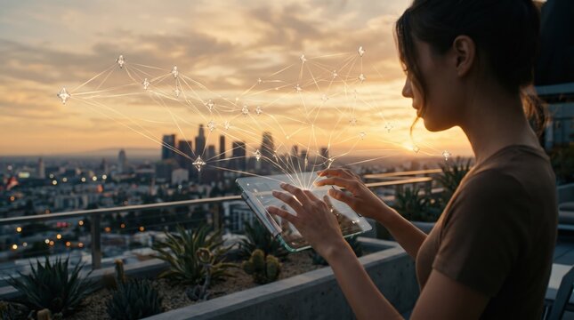 Woman using tablet with digital network overlay at sunset, city skyline background, smart city technology, urban connectivity, wireless communication, social media