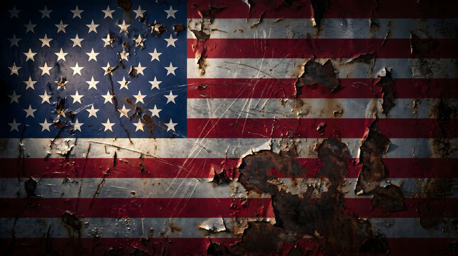 Grunge American flag with distressed texture and rust, symbolizing wear and patriotism.