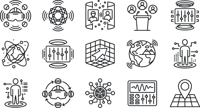 Metaverse and futuristic technology outline icons set including virtual reality glasses global network cybersecurity server avatar map line vector illustration