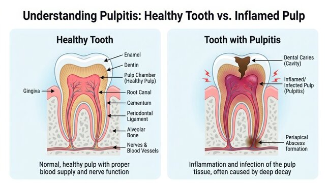 Medical diagram of a healthy tooth and a tooth with pulpitis illustration