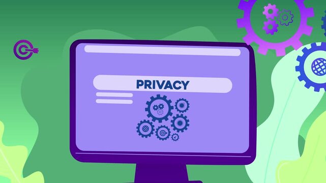 A computer screen displaying the text &ldquo;Privacy&rdquo; and illustrations of gears