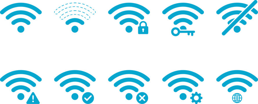 Wifi wireless network connection vector icon set signal status internet security lock key disconnect error setting globe blue interface