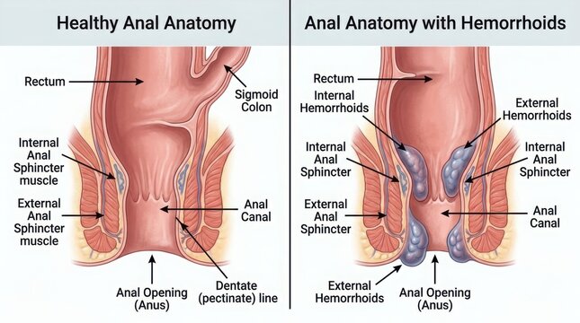 Medical diagram of healthy anal anatomy and hemorrhoids illustration