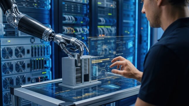 Robotic arm and human engineer collaborating on server hardware optimization with holographic data interface in modern blue data center facility for advanced automation concept