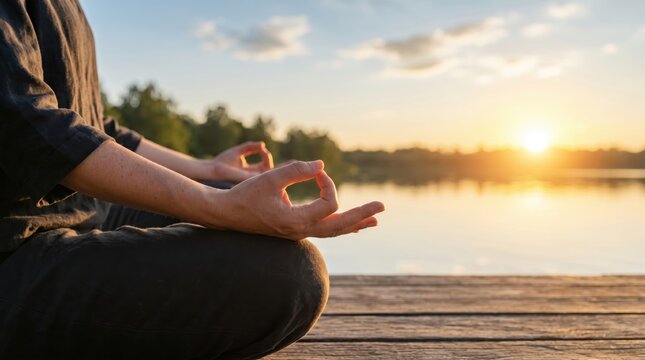 Person meditating in lotus position on wooden dock by calm lake during golden hour sunset practicing mindfulness yoga relaxation and inner peace outdoors.