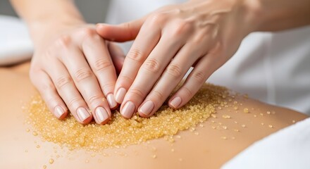 Naklejka premium Hands applying golden exfoliating scrub to back during spa treatment.