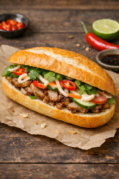 Banh Mi Sandwich Featuring Crispy Baguette Bread Filled With Grilled Pork Meat Cucumber Slices Fresh Cilantro Hot Chili Peppers On A Rustic Dark Wooden Table