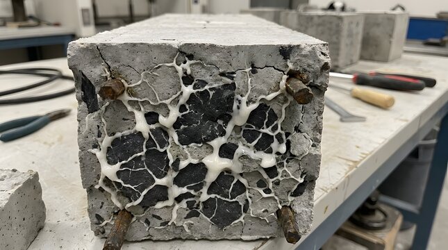 Alkali Silica Reaction Concrete Cutaway Showing Aggregate Distress and Internal Cracking