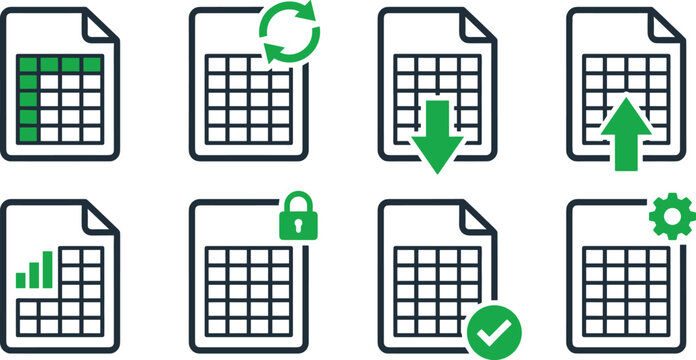 Spreadsheet document file vector icon set excel table data analytics download upload synchronization lock chart check green interface elements