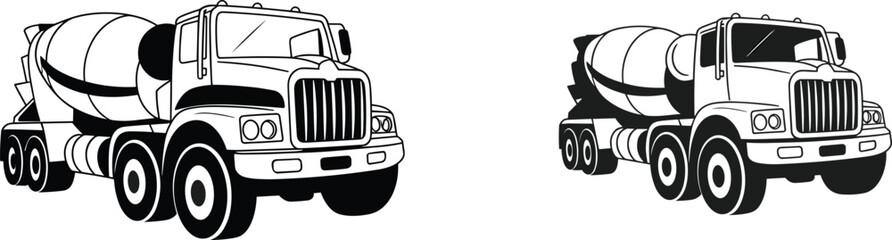 Cement mixer truck vector illustration set, construction vehicles icons, concrete transport machinery, industrial heavy equipment design collection graphics © MdShamsrAli