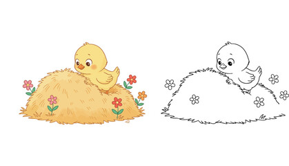 Cute Kawaii Chick on Hay coloring page © Sumon555