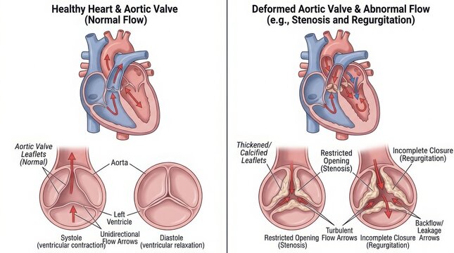 Healthy vs deformed human heart and aortic valve anatomy illustration