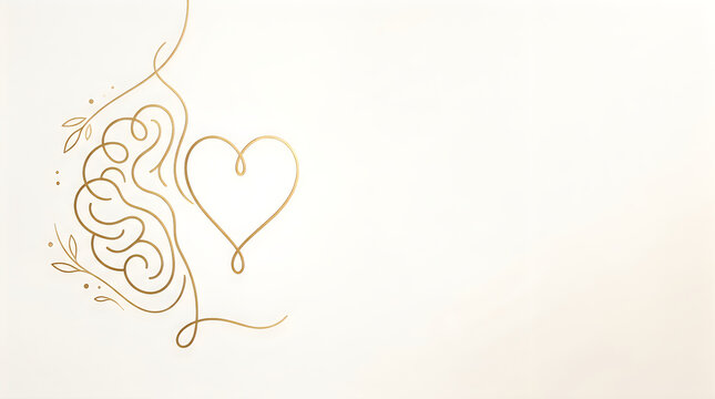Elegant gold line art design featuring a heart and brain with leaves on a cream background