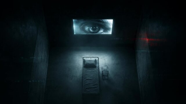 Giant human eye watching over dark prison cell. Surveillance and control concept. Artificial intelligence monitoring subject in restricted room. Fear and anxiety.