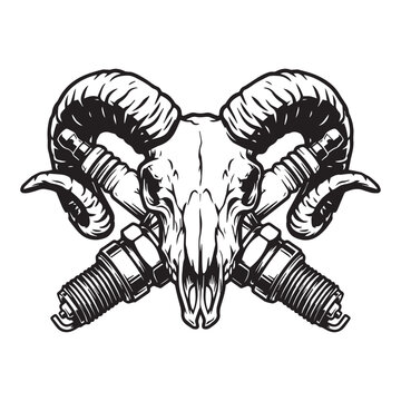 Vintage Monochrome Ram Skull with Crossed Spark Plugs Illustration.