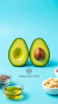 Halved avocado with healthy fats on blue background featuring nuts and seeds