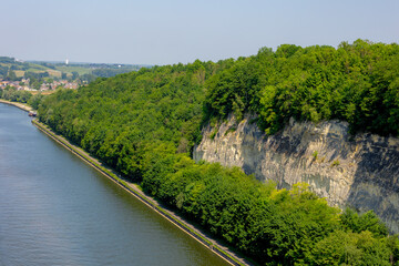 Fototapeta premium The Albert Canal in Lanaye and Kanne villages in Province de Liège, Walloon Region, Belgium, Border between Maastricht, Limburg, Netherlands, Canal connects also the Meuse river with the Scheldt river