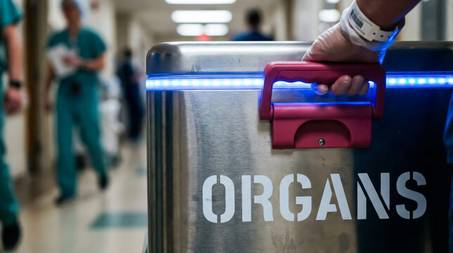 Medical personnel transporting organ donation box in hospital corridor