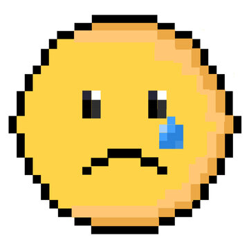 Retro 8-bit pixel art emoji smile with a sad tear
