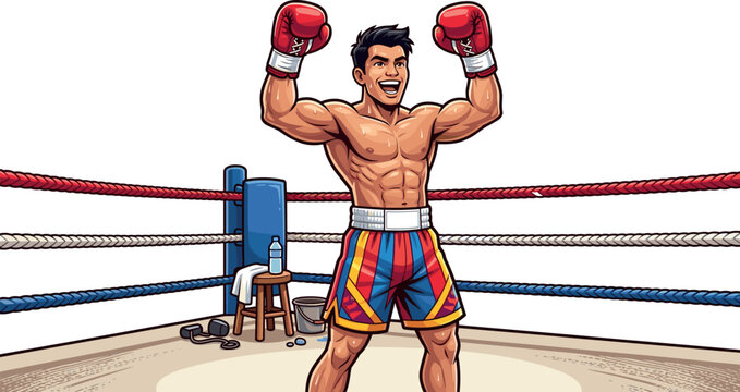 Happy cartoon boxer champion celebrating victory in ring with raised arms for sports tournament marketing graphic design poster