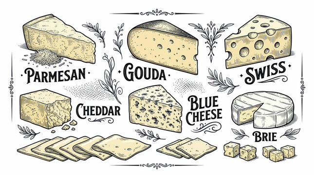 Assorted cheese varieties in vintage hand drawn style