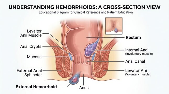 Medical anatomy diagram showing hemorrhoids cross section illustration