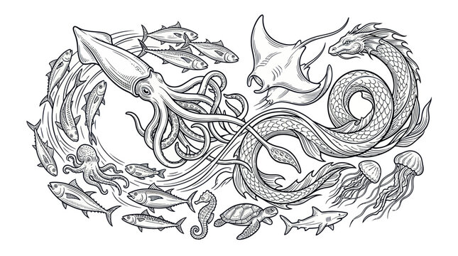 Giant squid sea serpent and diverse marine life in vintage style