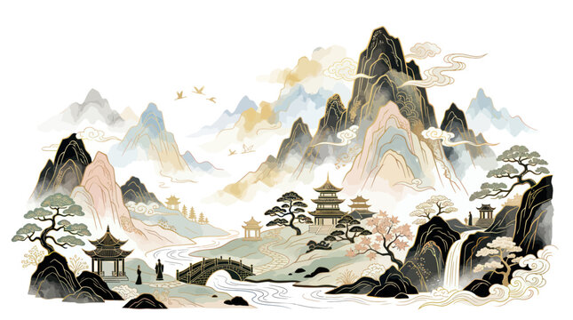 Serene oriental mountain landscape with pagodas bridge and waterfall