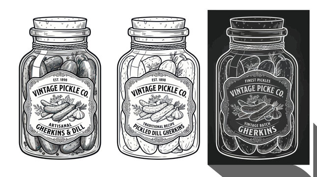 Vintage glass jars filled with pickled gherkins and dill herbs