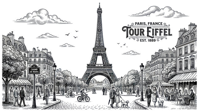 Paris street view with eiffel tower and people in vintage sketch style