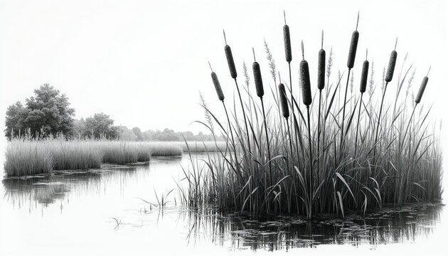 Ink drawing features cattails growing in wetland water. Tall reeds stand in calm water with reflections. Trees visible on distant marshy bank.