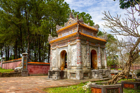 Hue, Vietnam - March 19, 2022 : Stele Pavilion At Mausoleum Of King Father Kien (Vietnamese Called Kien Thai Vuong) Nguyen Phuc Hong Cai In Hue. He Was The Father Of Three Emperors Of Nguyen Dynasty.