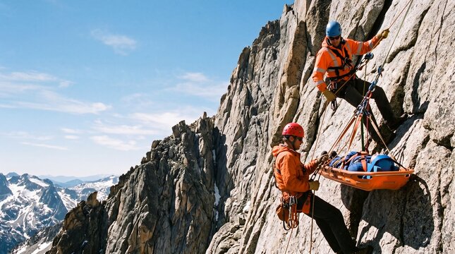 Mountain rescue team lowering an injured person in a stretcher down a steep rocky cliff face