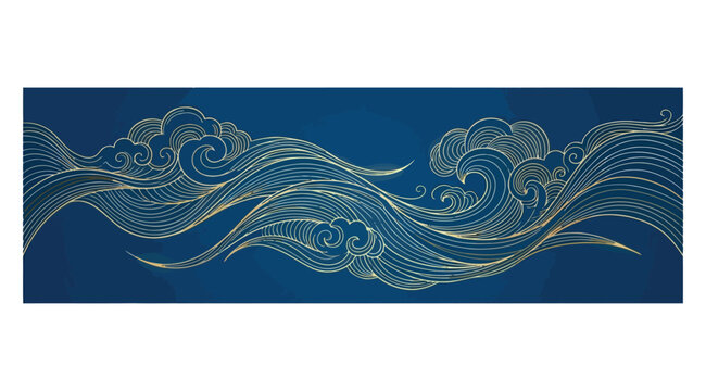 Traditional chinese style cloud and water pattern, decorative border element with golden lines on a dark blue background