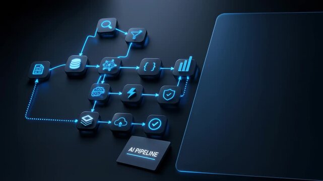 ai pipeline flowchart with data processing and analysis icons on dark background