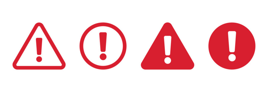 Set of Red Warning Signs. A collection of universally recognized red warning signs, including triangles and circles with exclamation marks, symbolizing caution and attention.