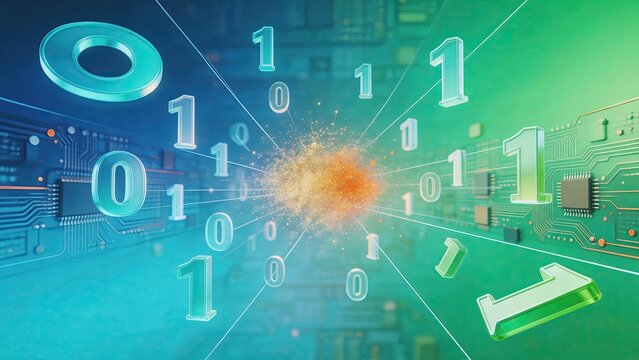Abstract binary code numbers zero and one exploding from center, digital data processing and computer circuit board background representing cybersecurity encryption and