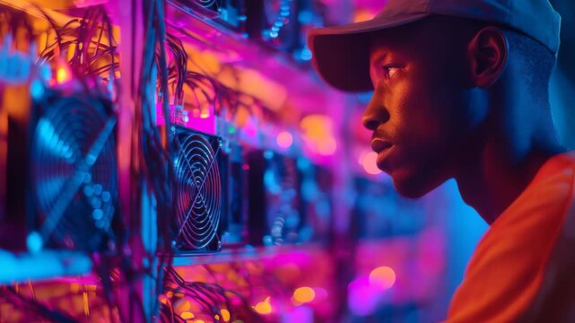 Focused young man examines cryptocurrency mining hardware in vibrant server room filled with colorful LED lights. Modern technology, digital finance innovation are highlighted in this dynamic scene