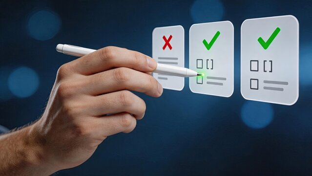 Hand using digital pen to mark correct checkboxes on floating virtual forms, validating data entry and approving options on interactive holographic interface with red cross and