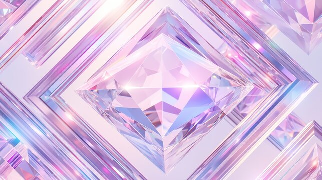 Pink and purple crystal diamond with geometric reflections, Kpop luxury abstract background for jewelry and beauty design projects.