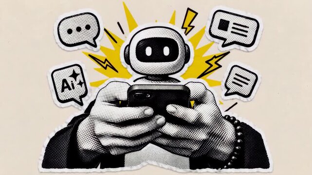 Pop Art Halftone AI Chatbot Smartphone Sticker Illustration, Virtual Assistant Messaging Concept, Vintage Torn Paper Collage Element, Magazine Style, Video