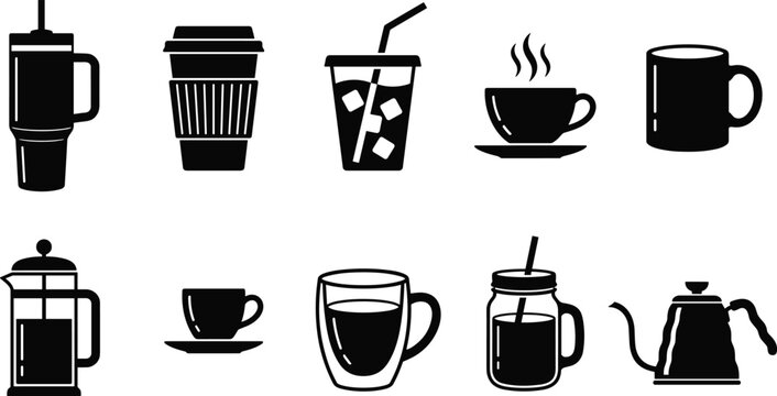 Coffee cup icon vector set beverage mug cafe breakfast tea espresso container tumbler french press kettle black silhouette elements