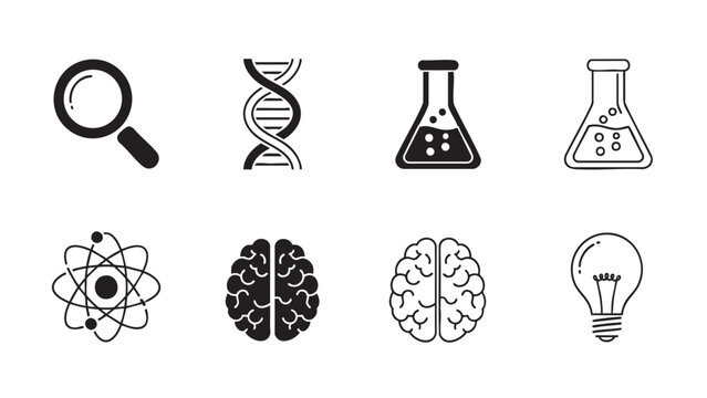 molecules and brain icons with magnifying glass, lab flasks