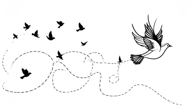 Silhouette flock of birds with dotted flight paths, one detailed dove