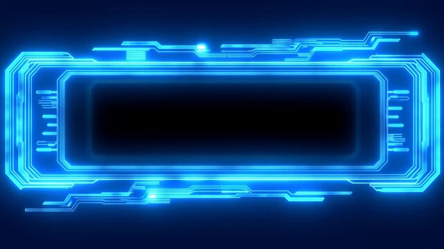 Panning slow motion tracking shot of glowing blue hud panel interface sliding and pulsing across dark virtual screen background