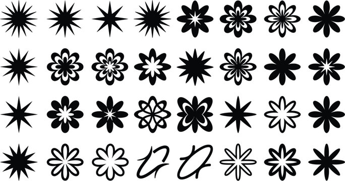 Set of various star and flower shapes, vector icons and design elements for graphic design projects
