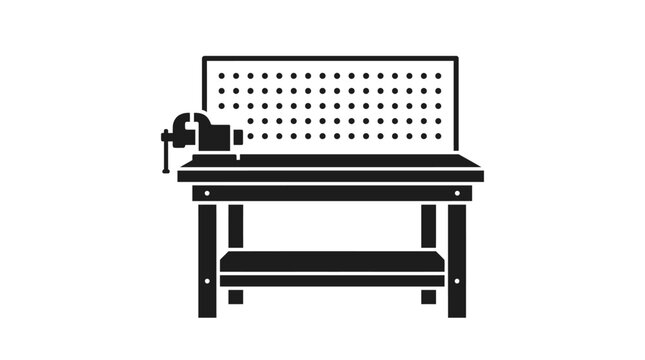 Black silhouette of a robust woodworking workbench with a vice and pegboard for tools, isolated white background.