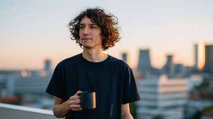 Obraz premium Young man on rooftop holding a coffee mug at golden hour with city skyline for lifestyle background and banner design