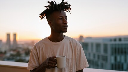 Obraz premium Man on rooftop holding a coffee mug at sunrise with city skyline in soft light for lifestyle background and banner design